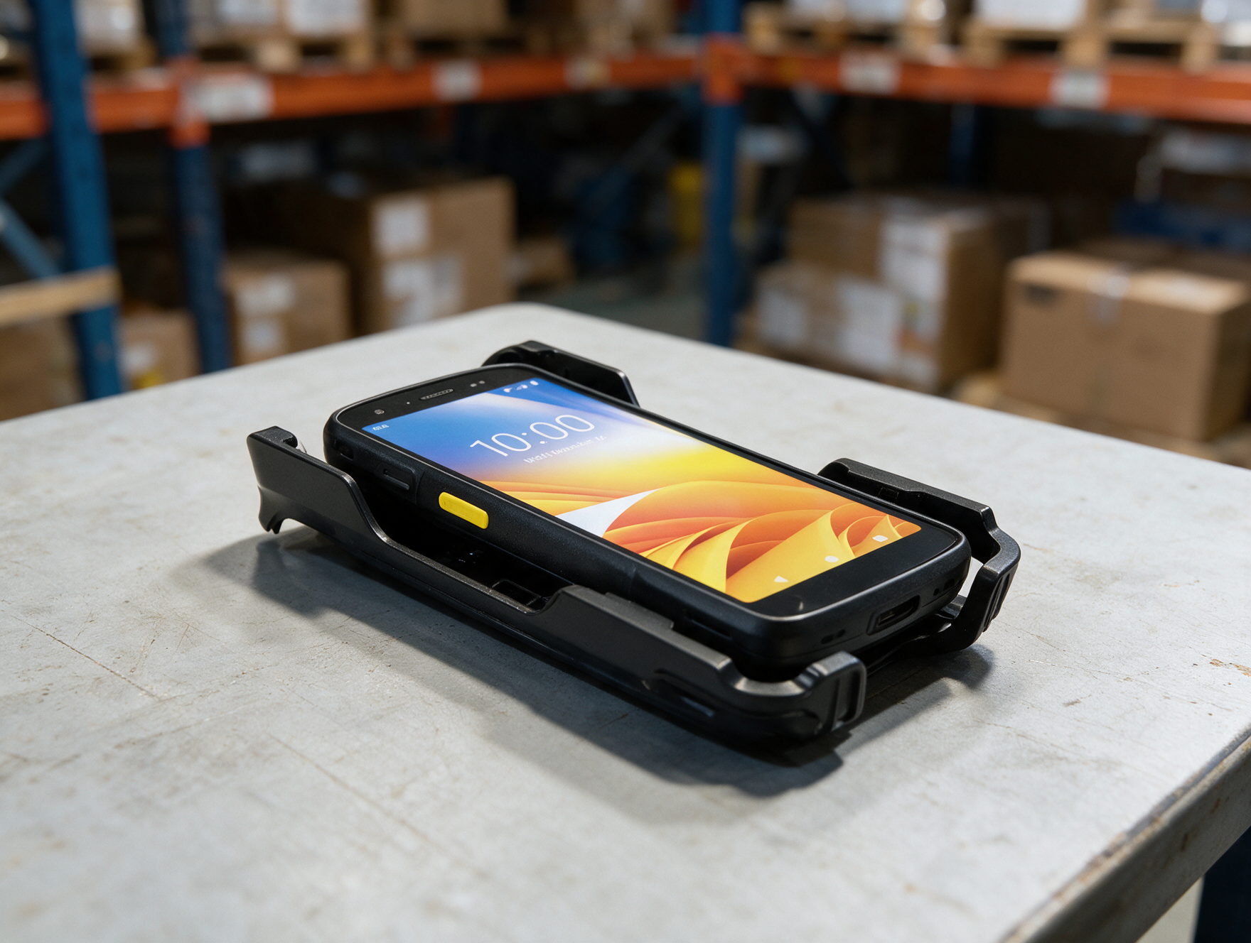 Terminal Zebra TC22 clipsé dans son adaptateur eConnex sur un établi